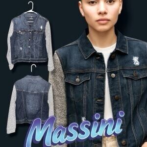 Massini Distressed Denim Jacket with Textured Sleeves Size Medium